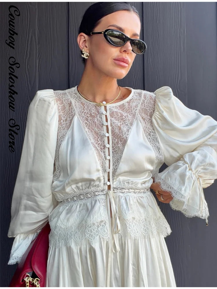 Casual Lace Spliced Pants Set Summer Women's Suit Elegant Round Neck Waist Cinching Blouse New Street Evening 2 Pieces Outfits