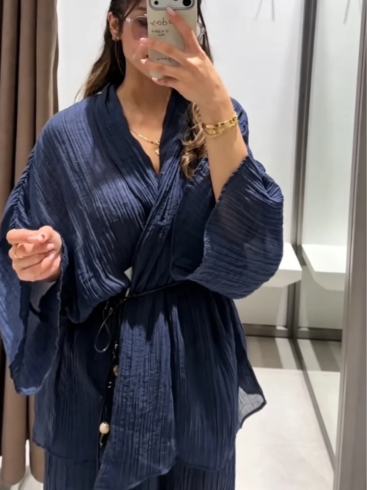 Casual Pleated Cardigan Pants Set V-neck Drop Shoulder Flared Sleeves Belt Waist Shirt Wide Leg Pants 2026 Chic Lightweight Sets