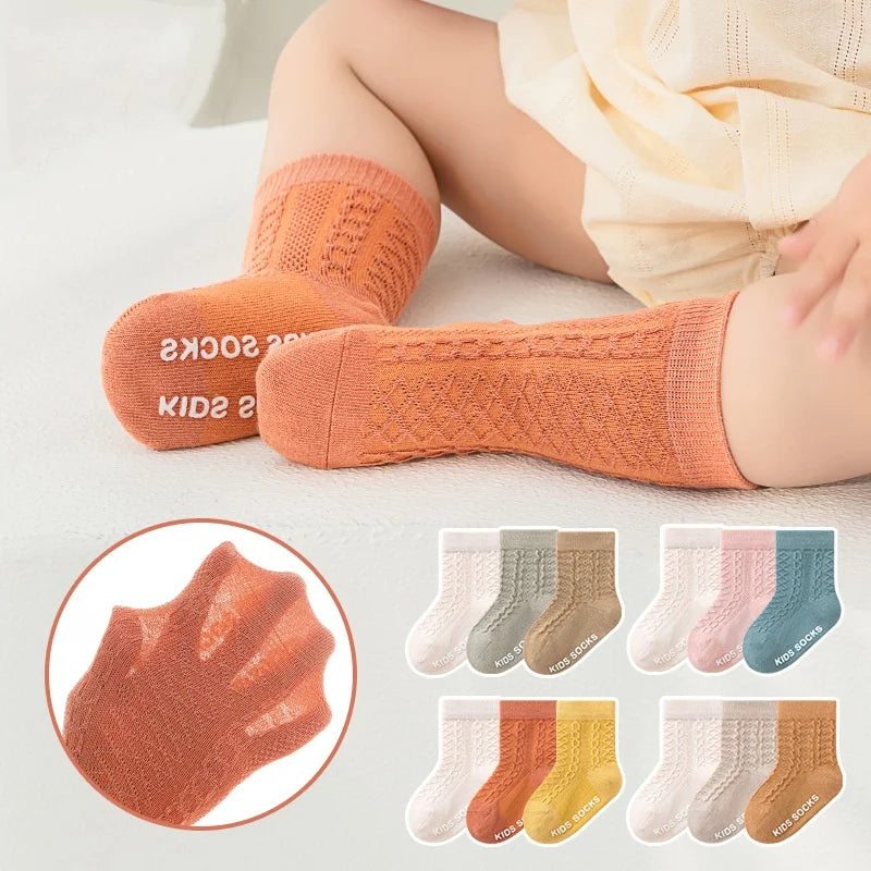 3Pairs/lot Kids Socks For Girls Boys Spring Summer Thin Soild Socks For Newborn Children's Cotton Mesh Non-slip Floor Sock 0-5Y