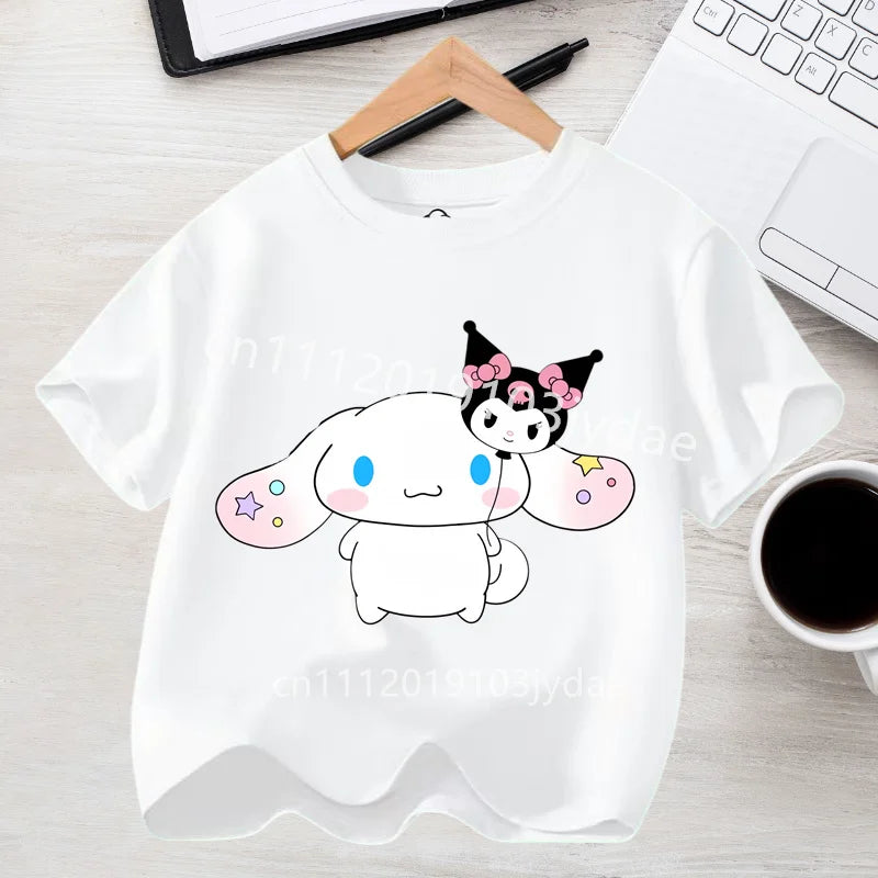 2026 Summer Casual Clothes Kawaii Gift Cute Cinnamoroll Girl T-shirt Cotton Anime Print Tee Shirt Kids Short Sleeve Streetwear