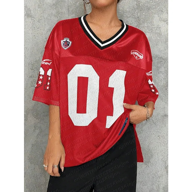 American Sports Fashion V-Neck T-Shirt Street Y2K Hip-Hop Jersey Women's Loose Breathable Quick Drying Casual Versatile Top