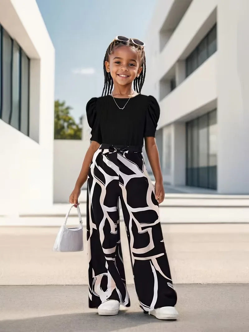 Girls 2-Piece Outfit Green Puff Sleeve Ribbed Crop Top & Abstract Print Wide Leg Pants Set
