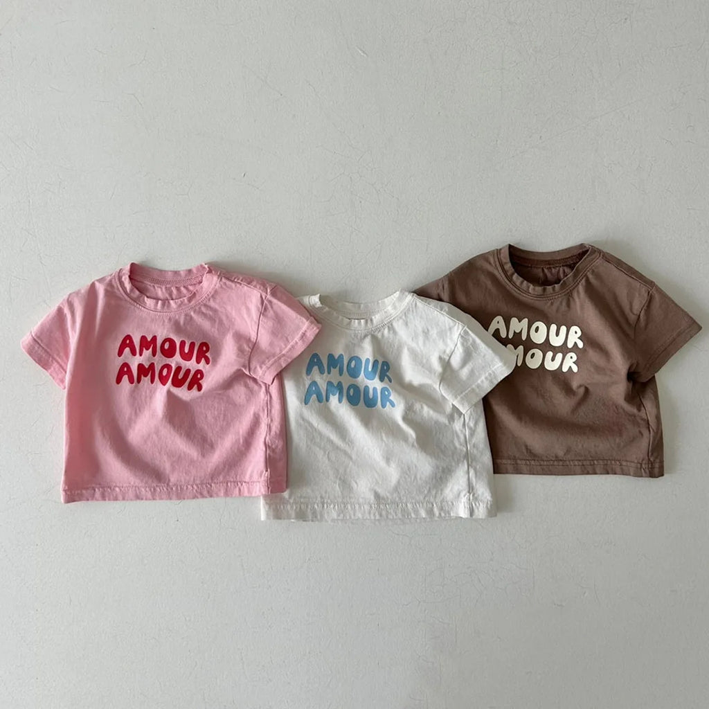 Summer Korean Style Kids T-Shirt Letter Print Cotton Short Sleeve Children Top Solid Color Thin Soft Clothes for Boys Girls