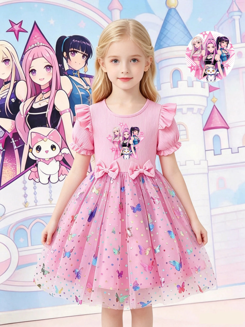 Dreamy Style Kids Princess Dress, Purple, K-POP Cartoon Print + Colorful Dot Butterfly Sequin Elements