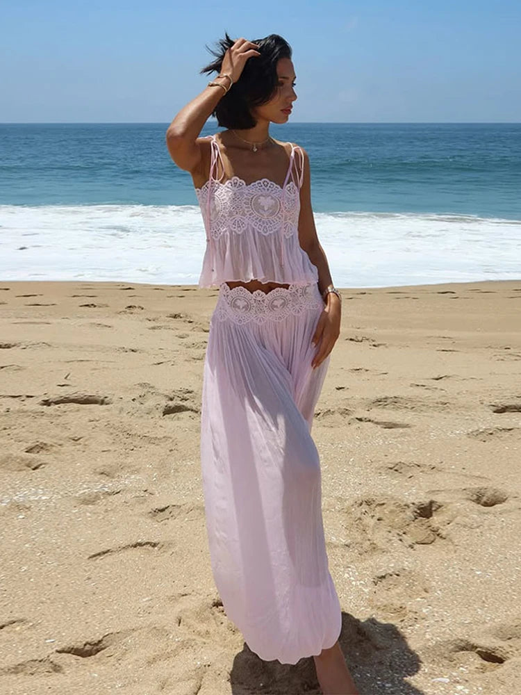 Women Pant Set Sheer Layers Spaghetti Strap Backless Lace Top Straps Solid Loose Straight Elastic Hem Fashion Beach Chic Suits