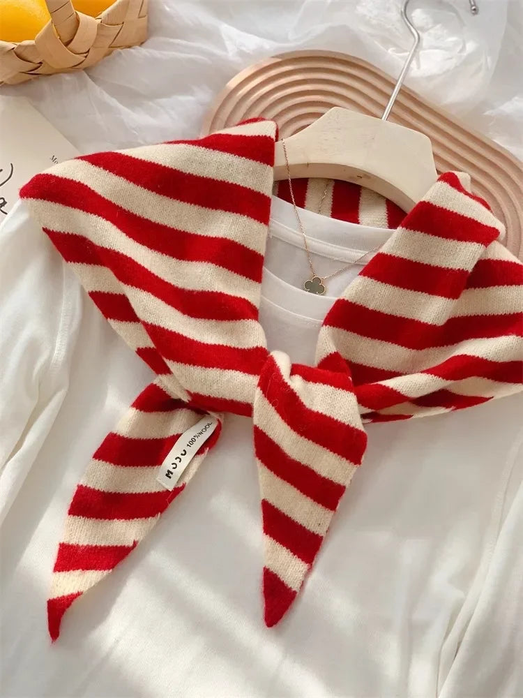 Korean Stripe Triangle Scarf 100% Wool Triangular Scarf Men Women British Niche Headscarf Knitted  Multi-functional Warm Scarf