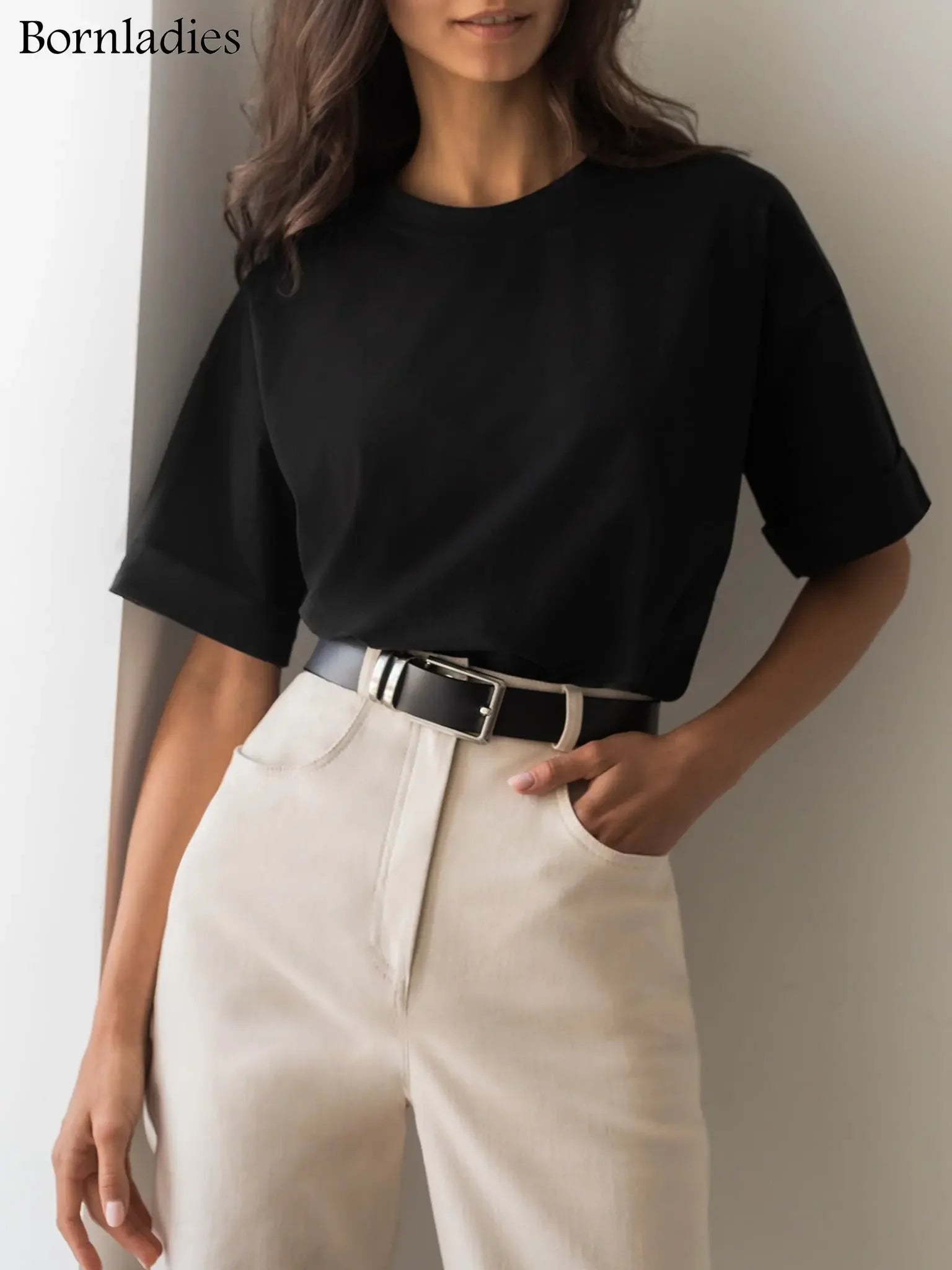 Bornladies 2025 Women's Summer 100% Cotton T-shirt Bottoming Basic Fashionable Solid Lady Short Sleeve Loose Tops Shirts