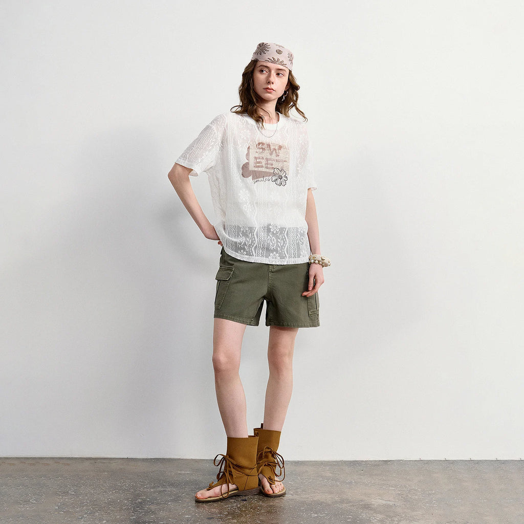 TOYOUTH Women Lace Sheer T-Shirt 2026 Summer New Letter Flower Print Loose Drop Shoulder Fashion Pullover Tops