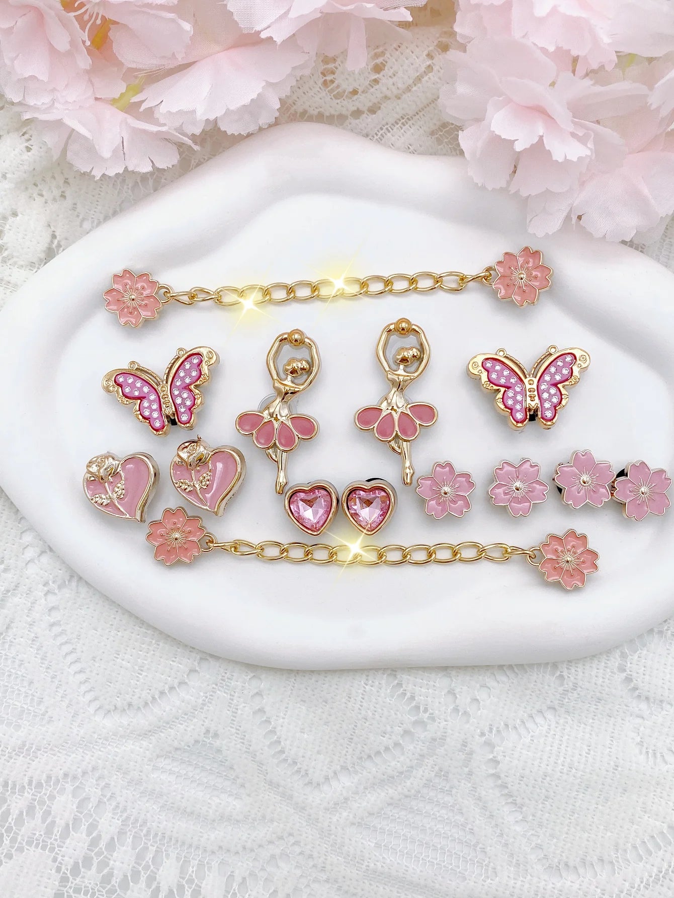 14pcs Fashion ABS Shoe Charms – Pink Flowers, Butterflies, Hearts & Flower Chains. DIY Removable Clog Decorations for Sandals, A