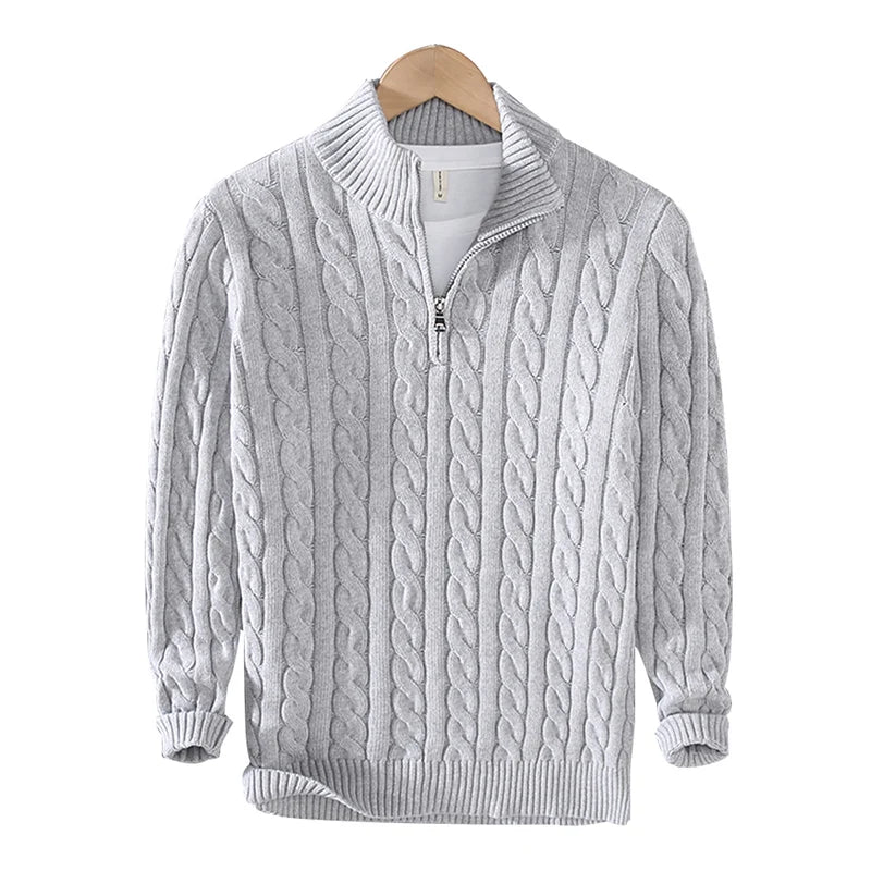 pure Cotton Sweaters Men's High Quality Autumn Cable Knit Christmas Sweater With Zipper Turtleneck Pullovers Zipper Pull Homme