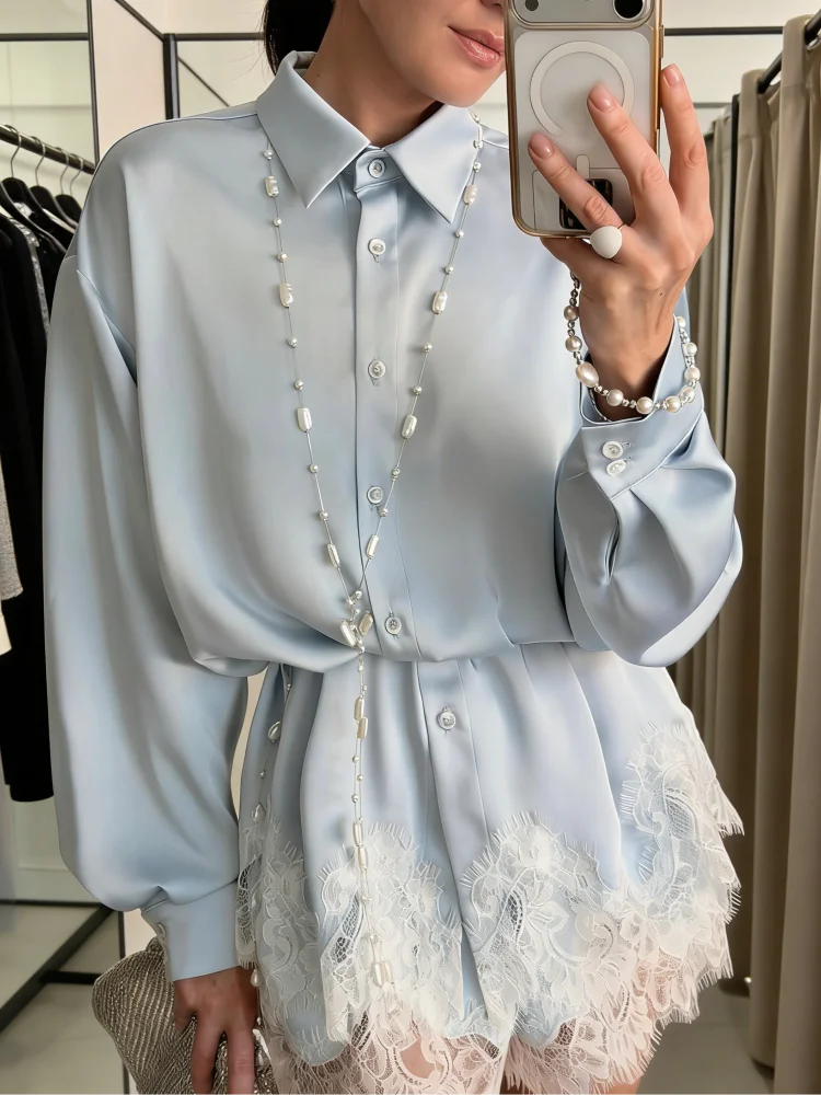 Casual Women's Matching Sets Long Sleeve Shirts Shorts Suit Lace Patchwork 2 Pieces Sets 2026 NEW Spring Beach Lady Outfits