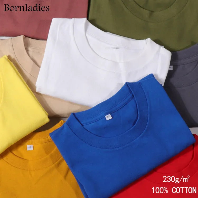 Bornladies 2025 Women's Summer 100% Cotton T-shirt Bottoming Basic Fashionable Solid Lady Short Sleeve Loose Tops Shirts