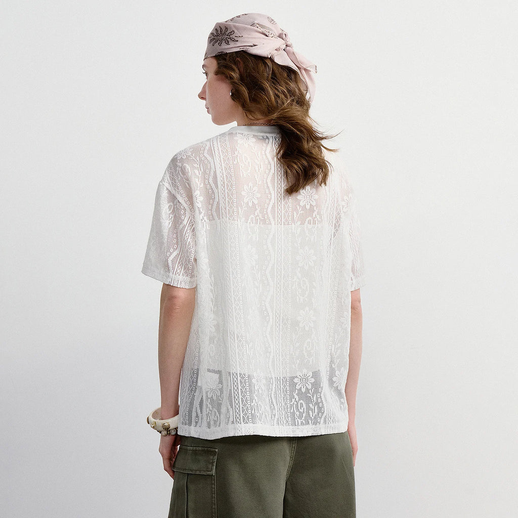 TOYOUTH Women Lace Sheer T-Shirt 2026 Summer New Letter Flower Print Loose Drop Shoulder Fashion Pullover Tops