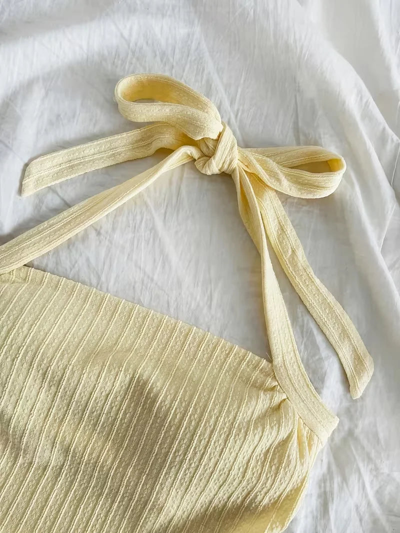 Short Top, Women's Vacation Knitted Tie Hanging Neck Tie Top
