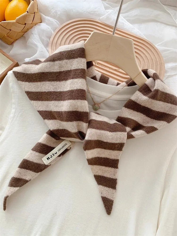 Korean Stripe Triangle Scarf 100% Wool Triangular Scarf Men Women British Niche Headscarf Knitted  Multi-functional Warm Scarf