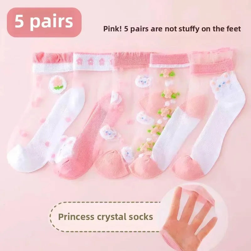 5 Pairs/Baby Girl Summer Socks Thin Ice Silk Mesh Crystal Breathable Cotton Short Mid Calf Boat Socks for Kids