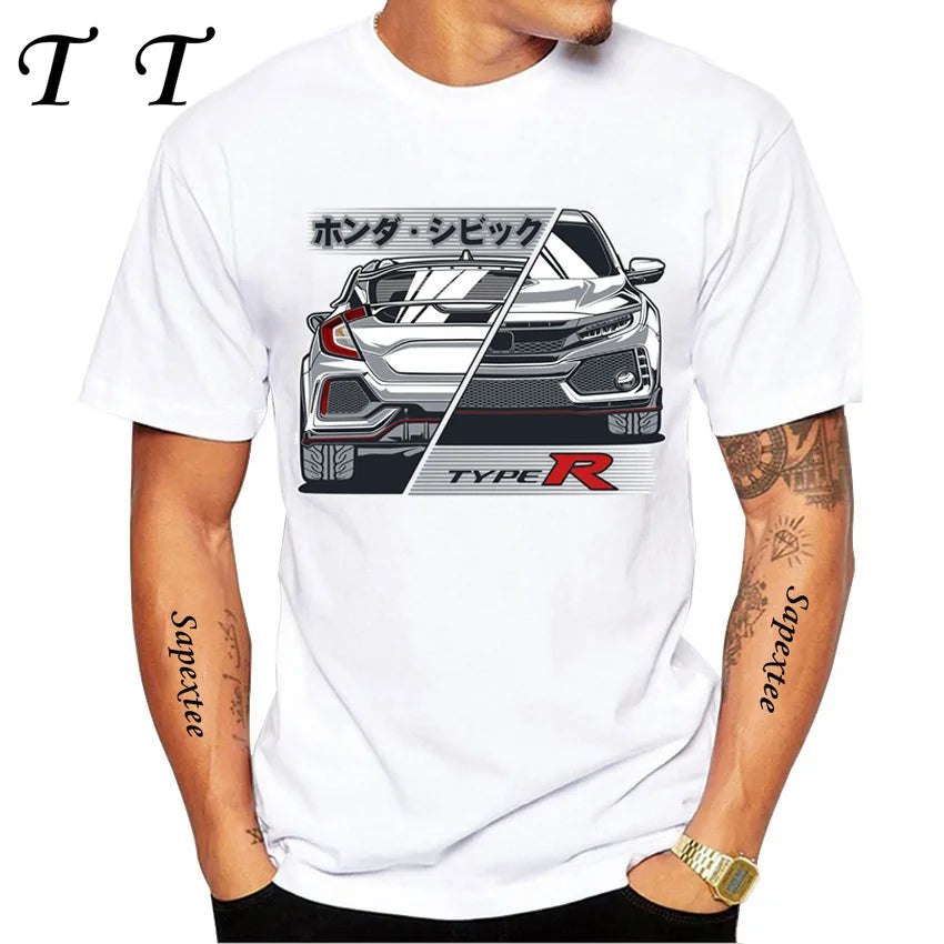 Retro Civic Type R FN2 Black T-Shirt New Summer Men Short Sleeve JDM Legends Print Tshirts Boy Casual Tops Car Sport White Tees