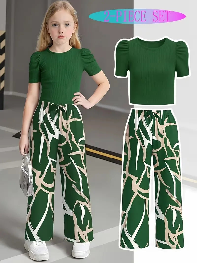 Girls 2-Piece Outfit Green Puff Sleeve Ribbed Crop Top & Abstract Print Wide Leg Pants Set