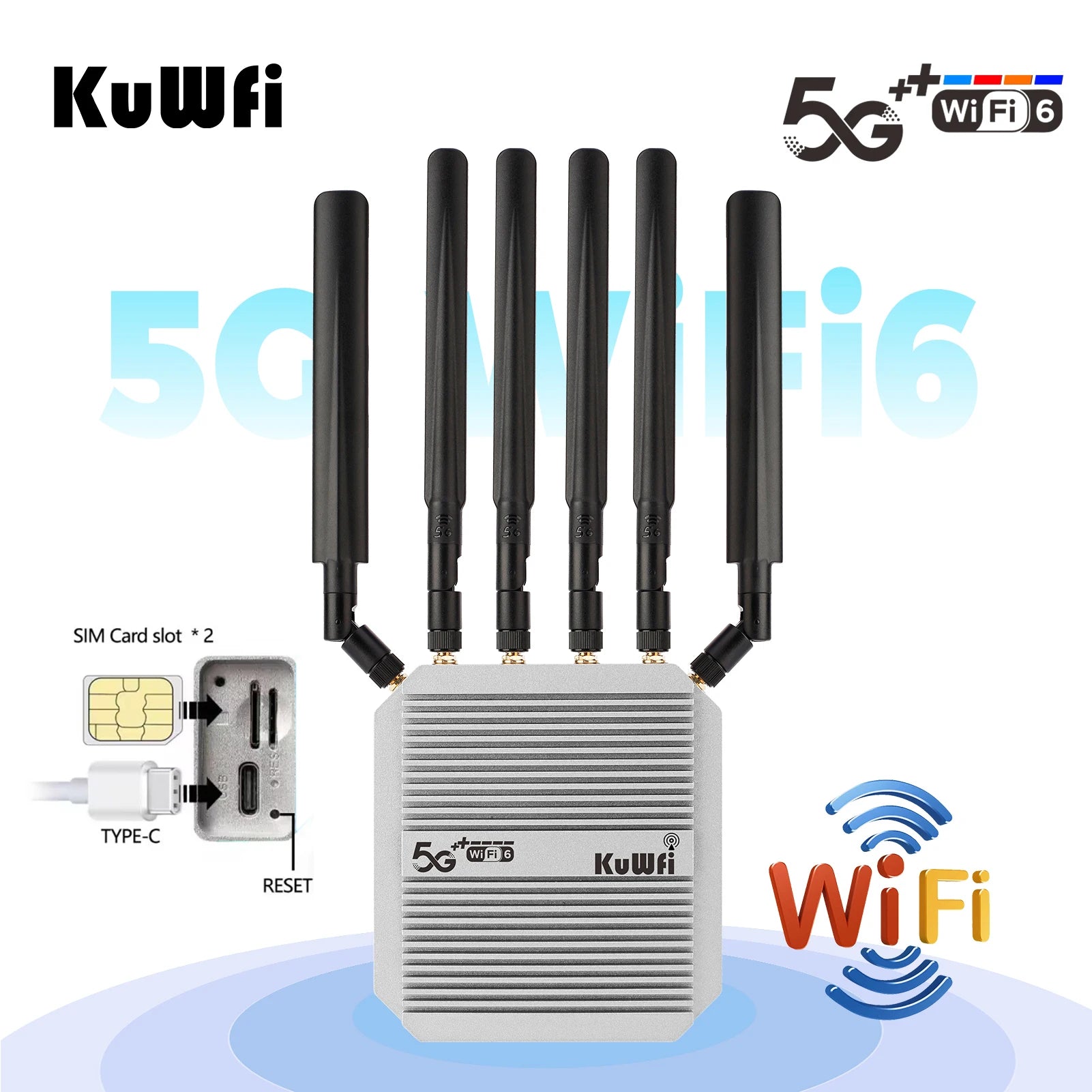 KuWFi Outdoor 5G Router Dual Band Wireless Wi-Fi 6 High Gain Antennas 2.5G LAN Port 2x SIM Card Slot Type-C Port Support 48V POE