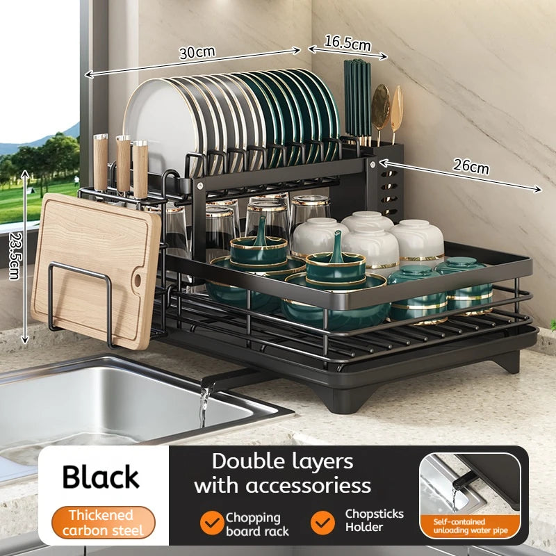 Adjustable Stainless Steel Dish Drying Rack with Drainboard - Over The Sink Plate Organizer, Kitchen Storage & Drainer