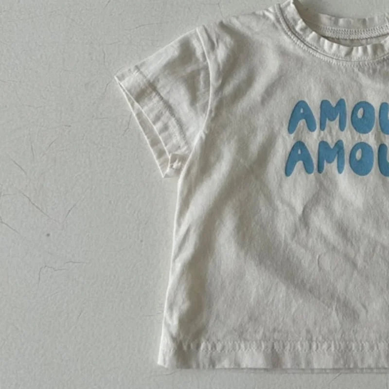 Summer Korean Style Kids T-Shirt Letter Print Cotton Short Sleeve Children Top Solid Color Thin Soft Clothes for Boys Girls