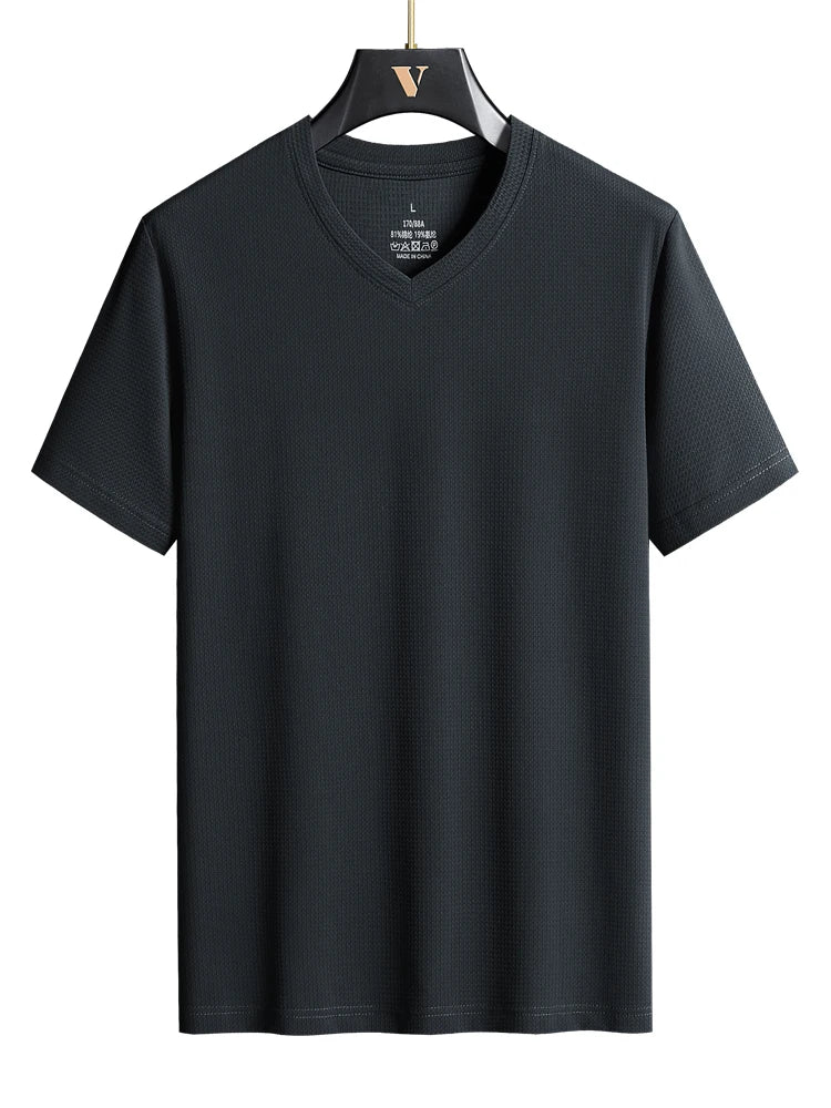 Plus Size 7XL 8XL 9XL Summer V-Neck T-shirts For Men Ice Silk Cooling Quick-dry Breathable Men's Short-sleeved T Shirts