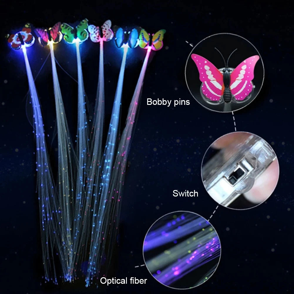 5/30PCs Colorful Luminous Braids Butterfly Glitter Fiber Optic Hair LED Silk Braids Bar Prom Aid Supplies Hairband Hair Decor
