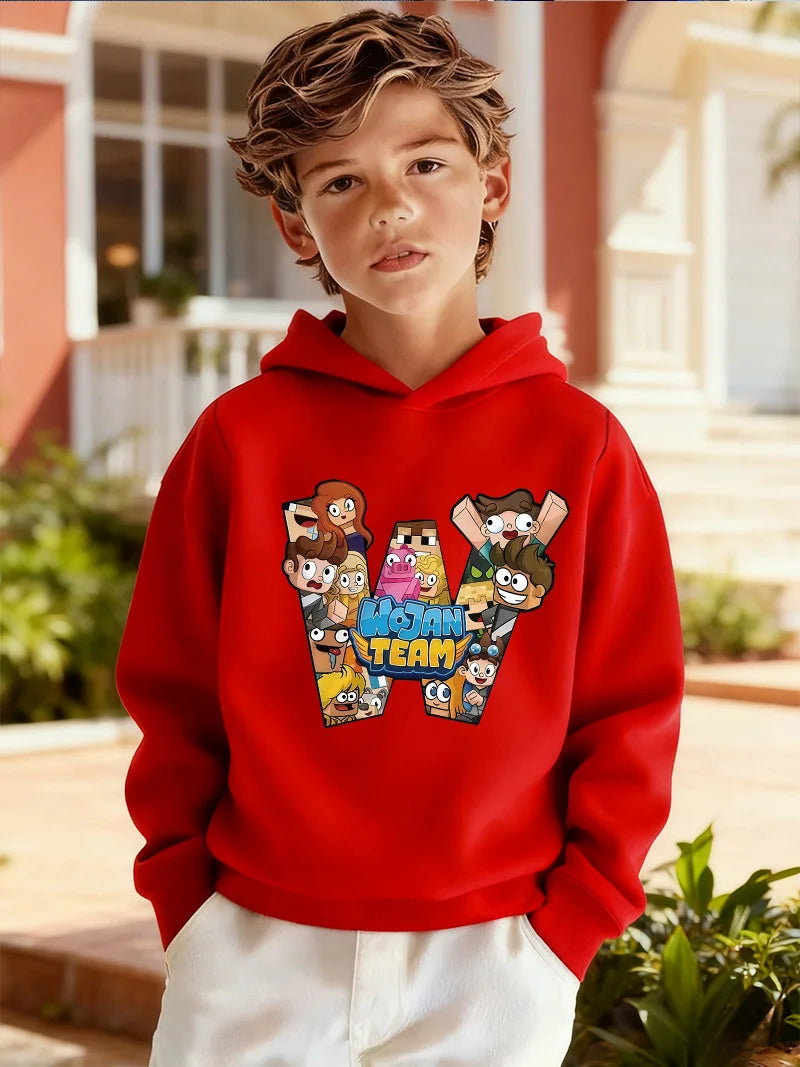 2026Kids'Wojan Team Character Graphic Hooded Sweatshirt | Soft Fleece Kids' Pullover for Casual Wear