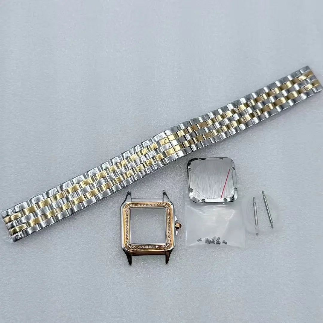 26.5mm Square Diamond Watch Case Fit 19mm Dial Two Blue Sword Shape Hands for Y120 Quartz Panther Cartier Movement Mod Parts