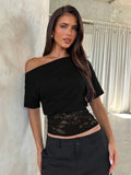 Dulzura Inclined Shoulder Short Sleeve Slim Lace Patchwork T-Shirt Women'S Vintage Sexy Casual Y2K Top Party Club Summer Clothes