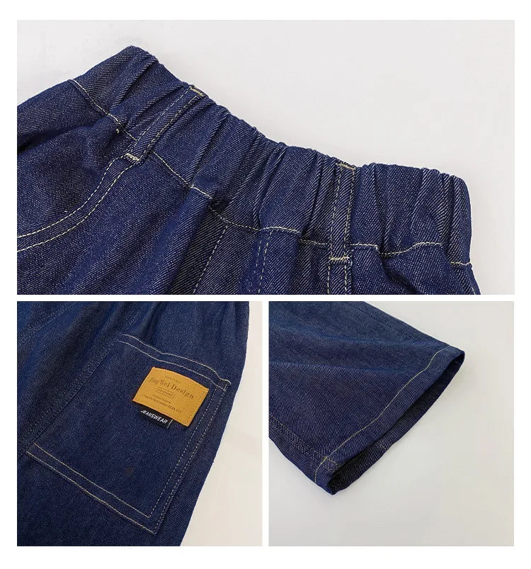 Teen Boys Denim Shorts 2026 New Summer Children Loose Wide Leg Knee Length Jean Pants Kid Casual Streetwear Elastic Waist Shorts