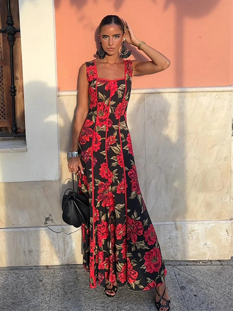 Sexy Printed Flower Long Women's Dress Sleeveless Waist-Closed Slash Neck Lady Dresses Summer Sling Vacation Holiday Robe