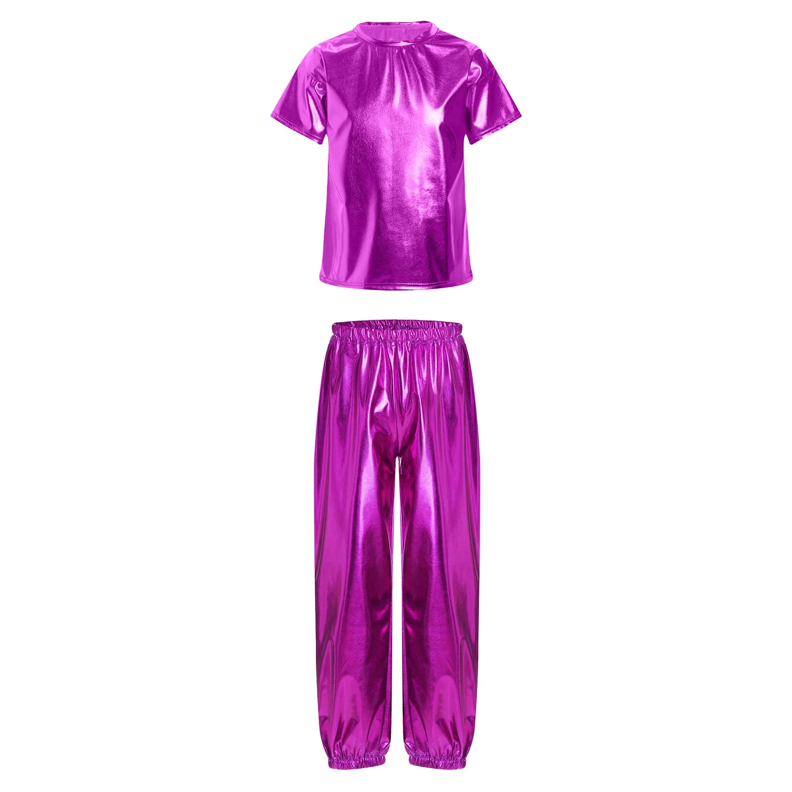 Kids Girls Boys Fashion Clothes Set Metallic Shiny T-shirt with Pants Suit for Jazz Hip Hop Street Dance Performance Costume