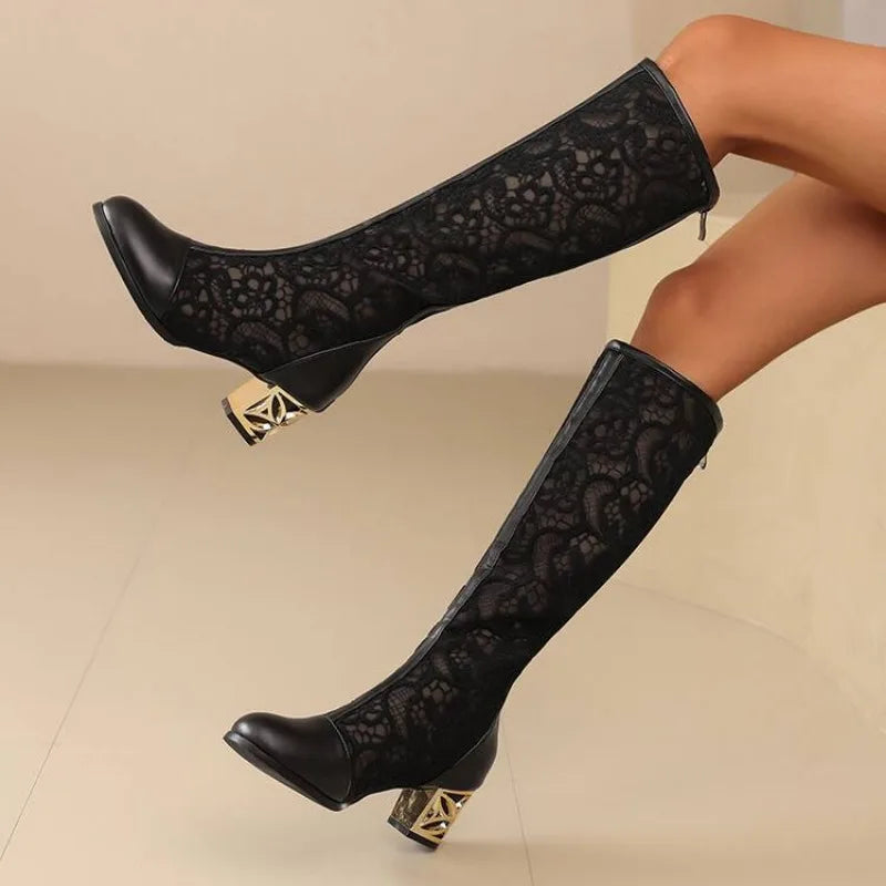 Spring and Autumn New Style Fashion square Heel Mesh Hollow Women's Boots Sweet Breathable knee high boots high 5.5cm size 34-47