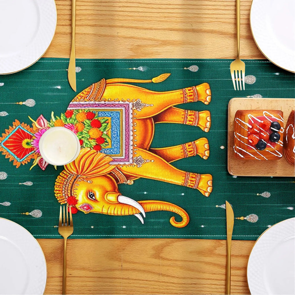 1 Piece of Indian-Style Elephant and Temple-Themed Table Runner, Golden Elephant, Indian Temple and Floral Decoration Pattern, Suitable for Indian Cultural Theme Parties, Exotic Restaurant Decorations, Indian Festival Event A