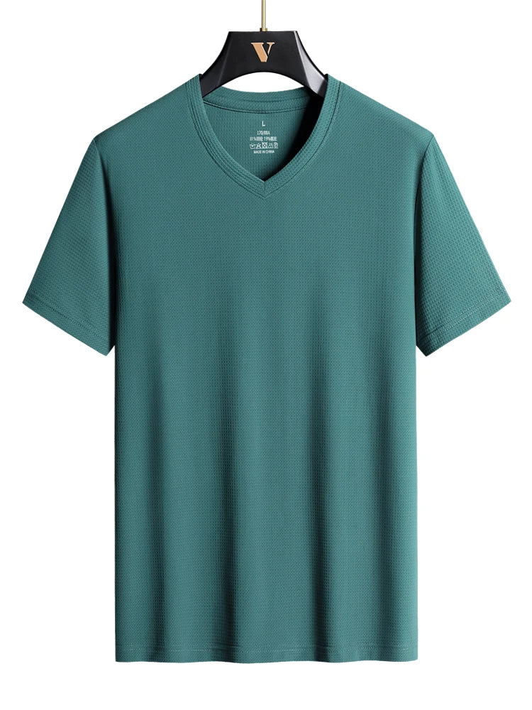 Plus Size 7XL 8XL 9XL Summer V-Neck T-shirts For Men Ice Silk Cooling Quick-dry Breathable Men's Short-sleeved T Shirts