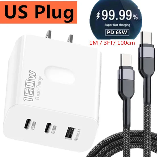 160W Fast Charger USB Type C Phone Charger Adapter Quick Charge QC 5.0 3.0 PD 65W Charger For iPhone iPad Samsung Huawei Xiaomi