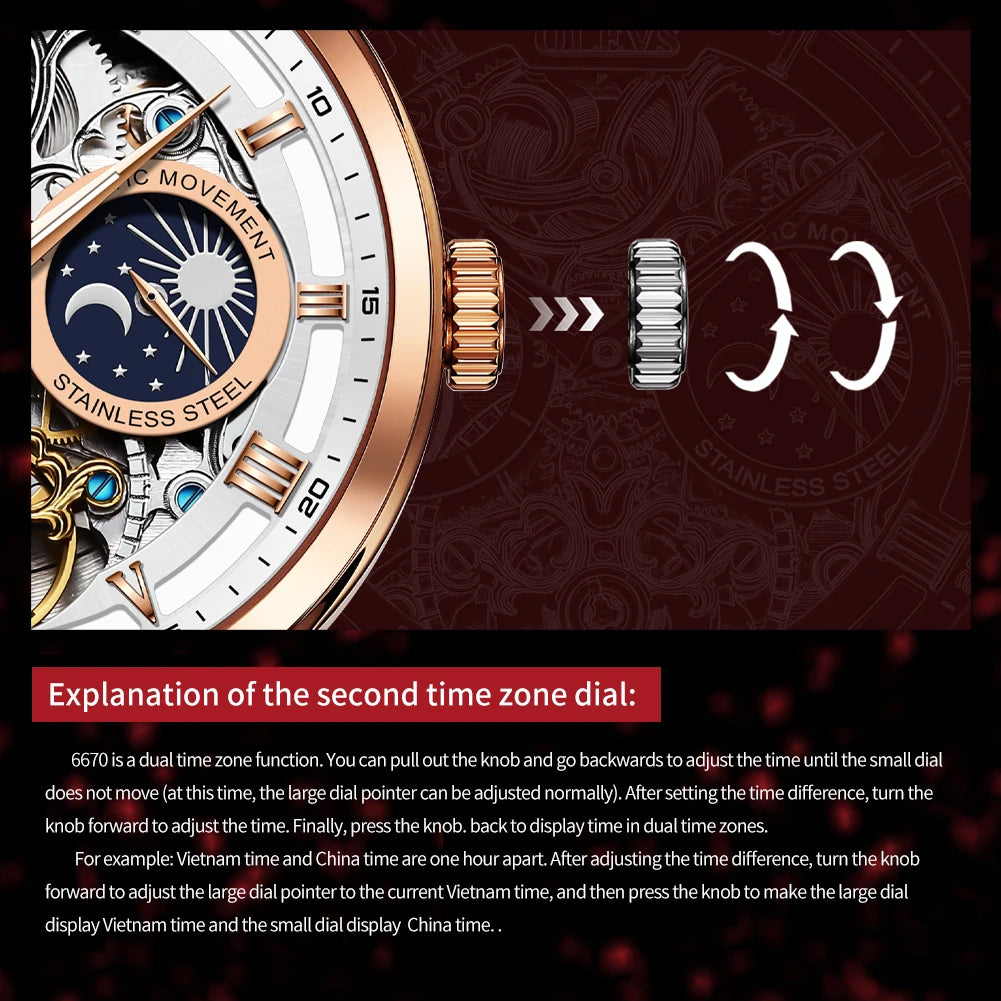 OLEVS 6670  Men Watch Luxury Leather Strap Sport Clock Business Automatic Mechanical Skeleton Wristwatch for Man High Quality