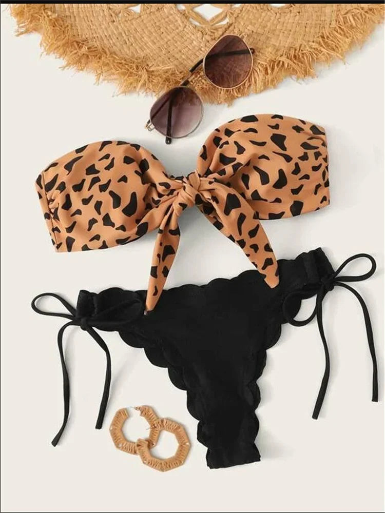 Beach Bikini 2026 Woman Sexy Front Lace Up Tie Bandeau Leopard Swimsuit Female Push Up Ruffled Bow Bathing Suit Thong Swimwear