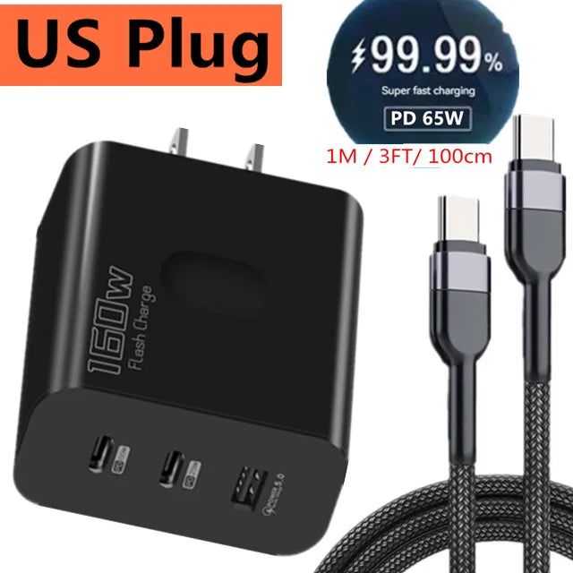 160W Fast Charger USB Type C Phone Charger Adapter Quick Charge QC 5.0 3.0 PD 65W Charger For iPhone iPad Samsung Huawei Xiaomi