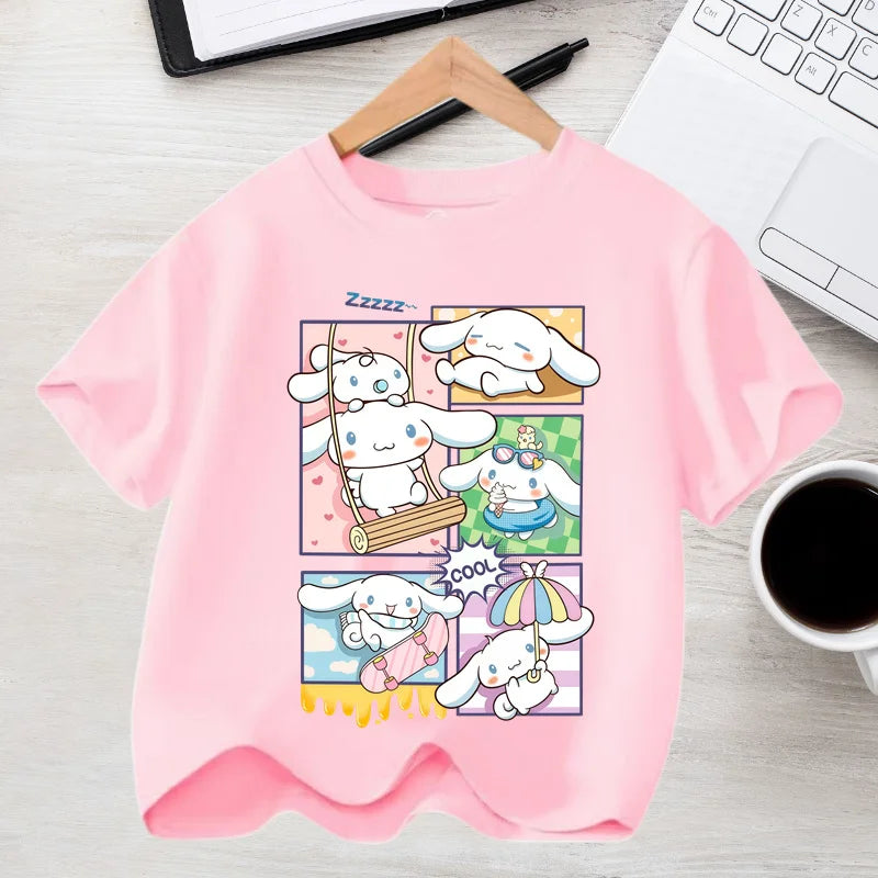 2026 Summer Casual Clothes Kawaii Gift Cute Cinnamoroll Girl T-shirt Cotton Anime Print Tee Shirt Kids Short Sleeve Streetwear