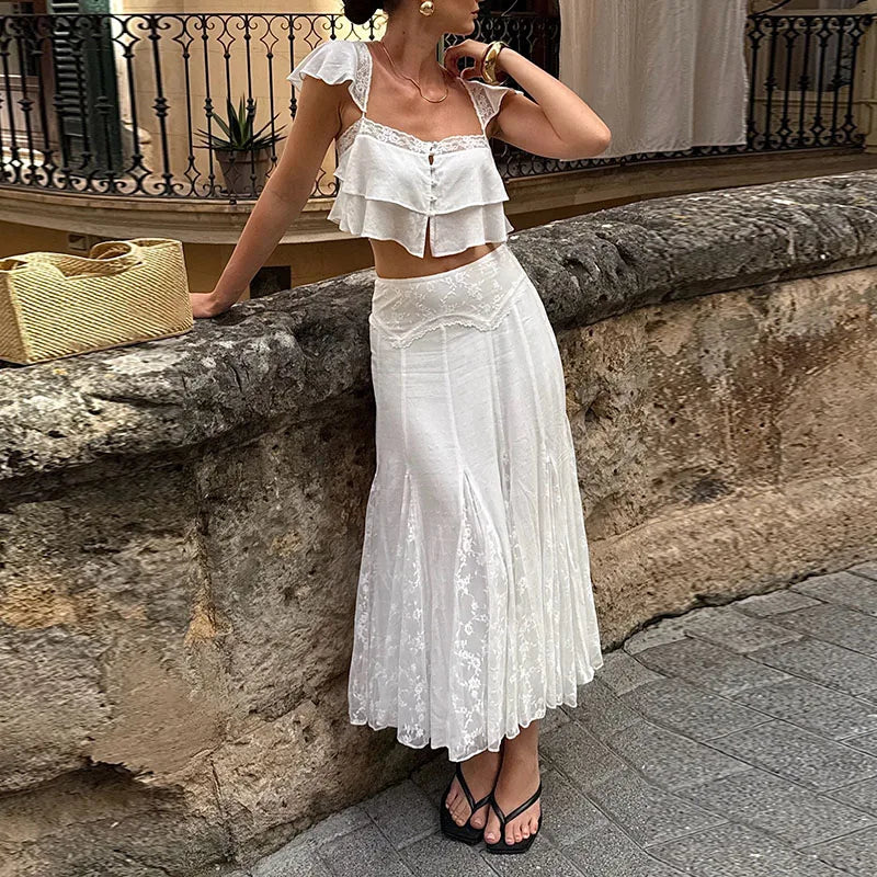 See Through Lace Vest Pant Set Women Beach Sling  Tops Pleated Straight Pants 2026 Summer Vacation Hollow Out Lady Suits