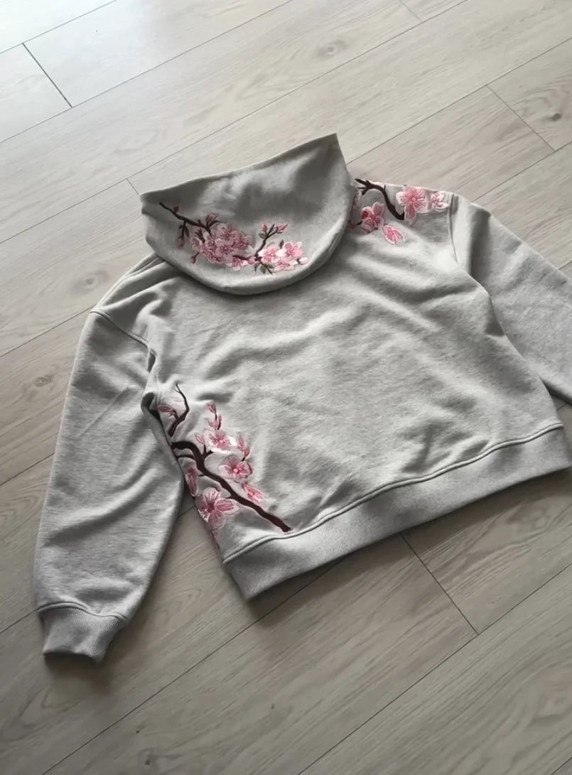 Y2K Vintage Oversized Cherry Blossom Embroidered Hooded Jacket Mens Womens Pink Zipper Coat Harajuku Hip Hop Graphic Streetwear