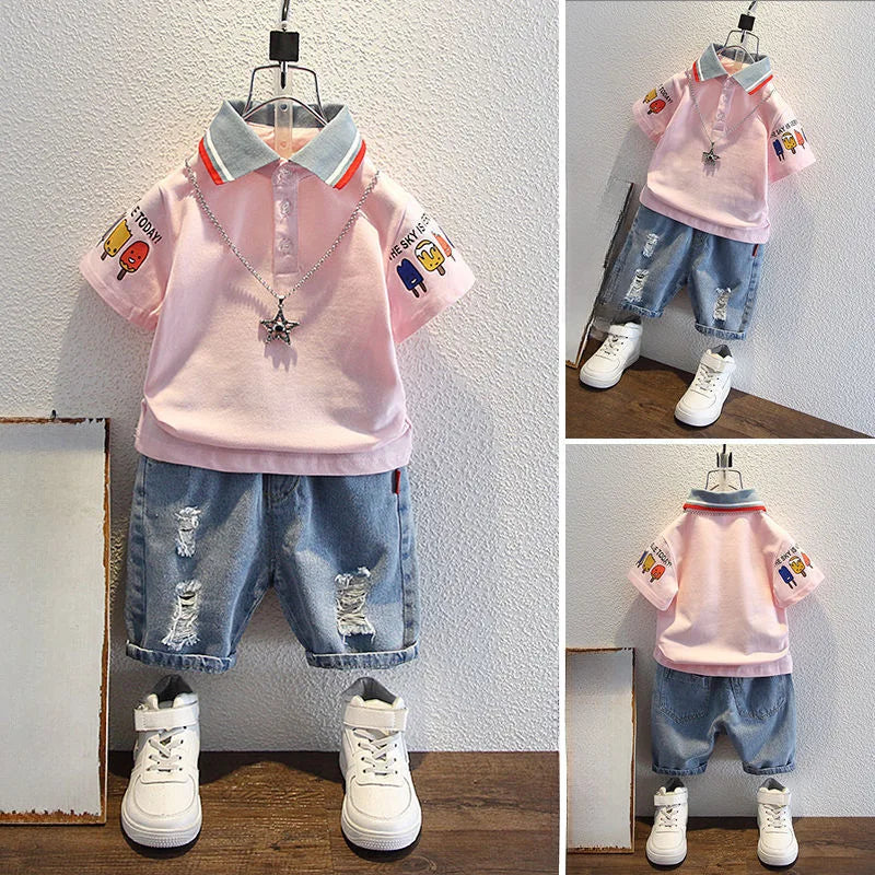2-10 Years Kids Boys Clothes Set Summer Short Sleeve Cartoon Print Lapel T-shirt And Denim Shorts 2PCS Children Tracksuit Outfit
