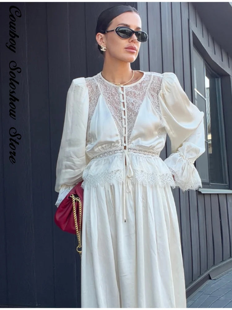 Casual Lace Spliced Pants Set Summer Women's Suit Elegant Round Neck Waist Cinching Blouse New Street Evening 2 Pieces Outfits