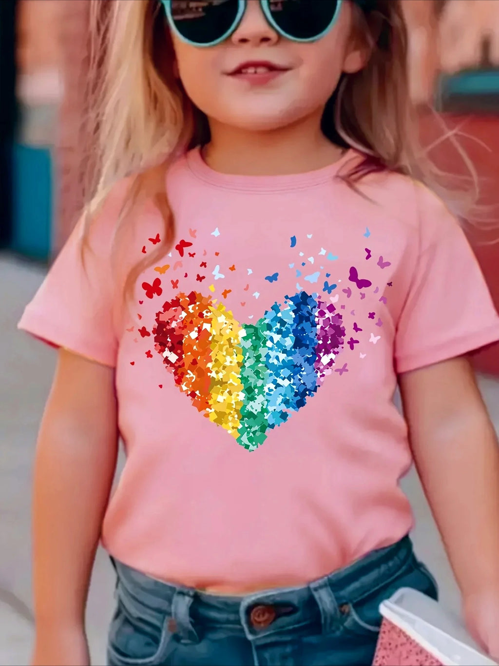 2026 Rainbow-colored Heart Round Neck T-shirt Children Fashion Sequined Heart-patterned Trendy Item for Girls Kids Y2k Clothing