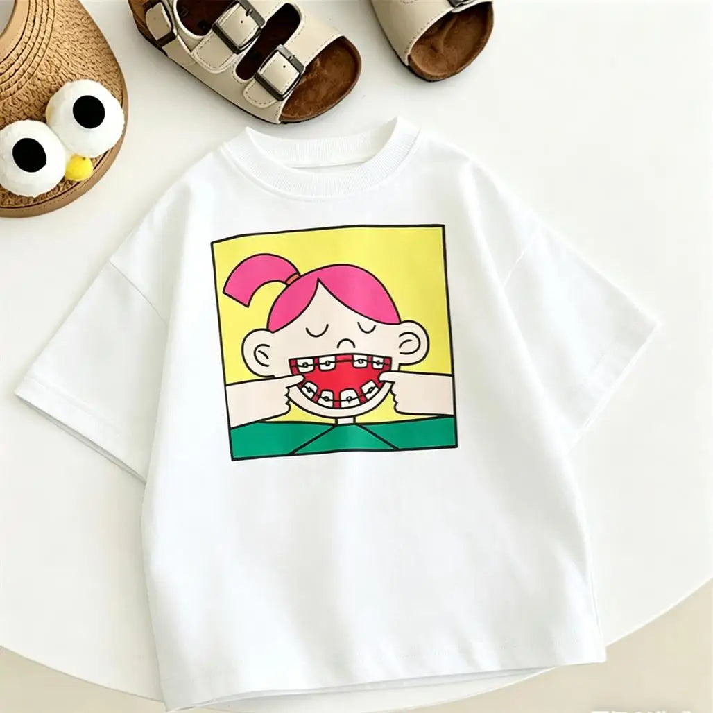Summer Clothes Cartoon Printed TShirt Short-sleeved Tops Simple All-match Base Shirt Girls Boys Lovely Funny Clothing Printed T