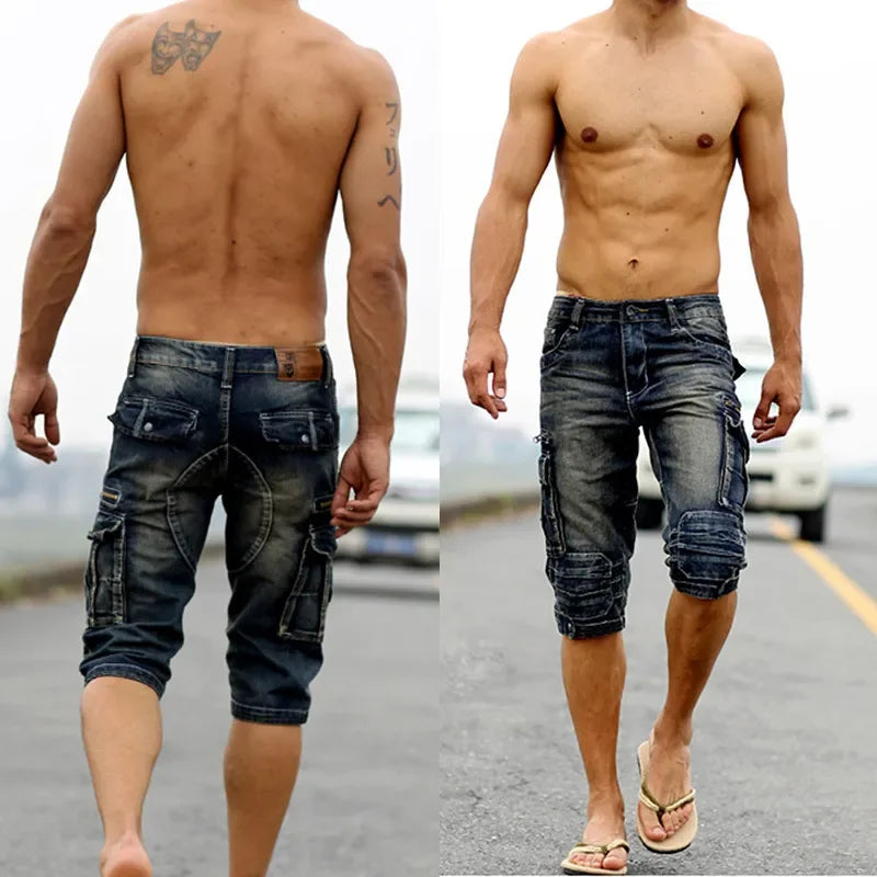 Men's Fashion Cargo Denim Shorts with Multi Pockets Slim Fit Military Jeans Shorts for Male Washed