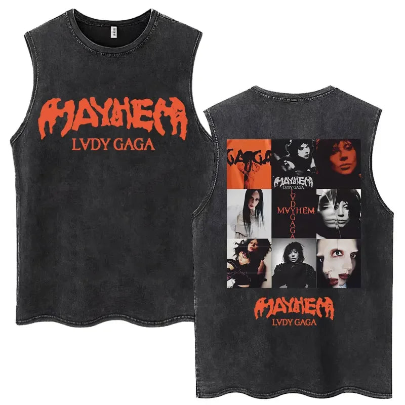 Lady Gaga The Mayhem Ball Tour 2025 Washed Tank Tops Fashion Men Women Vintage Y2K Sleeveless T Shirt 100% Cotton Oversized Tees
