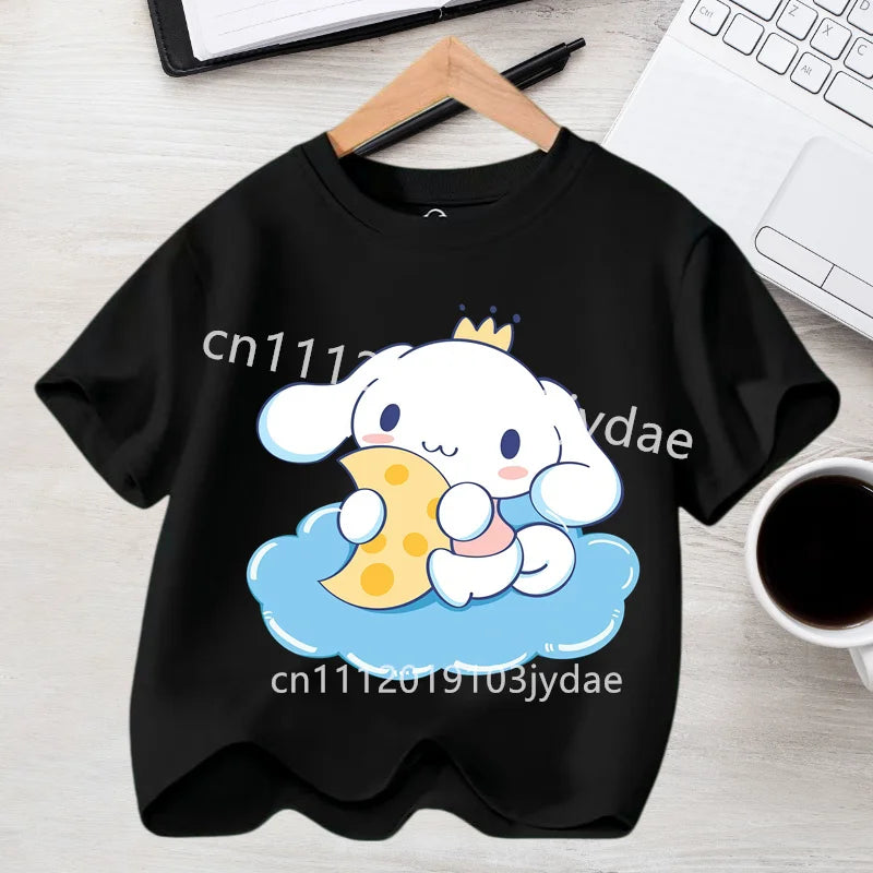 2026 Summer Casual Clothes Kawaii Gift Cute Cinnamoroll Girl T-shirt Cotton Anime Print Tee Shirt Kids Short Sleeve Streetwear